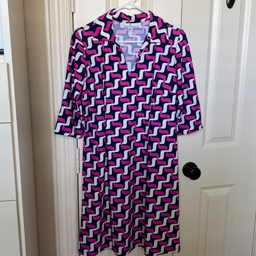 Jude Connally Navy and Hot Pink Stretch Tunic Dress, Size Medium